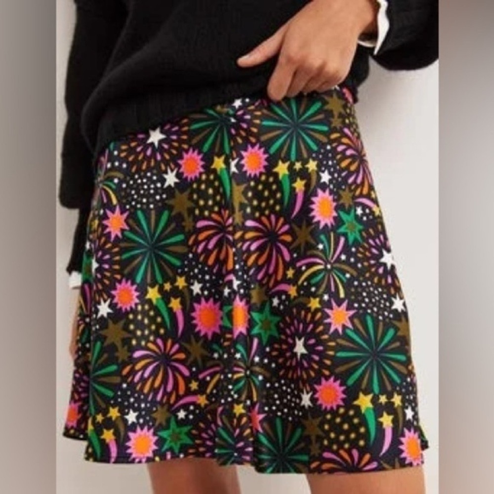 Boden Satin Bias Cut Flowy Neon Firework Celestial Stars Casual Mini Skirt NWT
